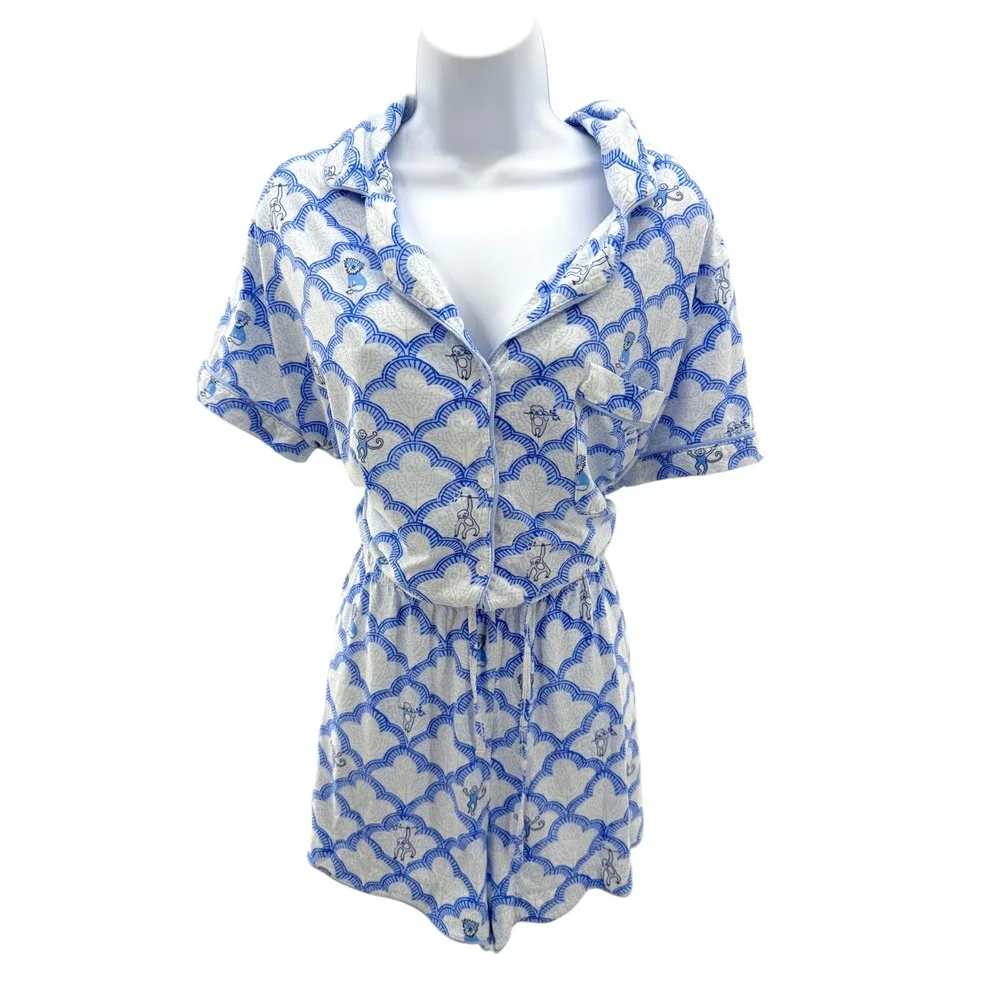 Roller Rabbit Target Monkey Lattice Pajama Set XXL Blue Preppy Coquette PJ 2pc